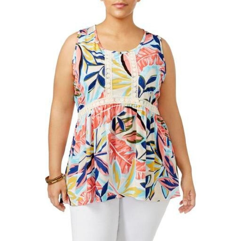 NY Collection Plus Size Printed Crochet-Trim Top, Size 2X, Retail $49.00